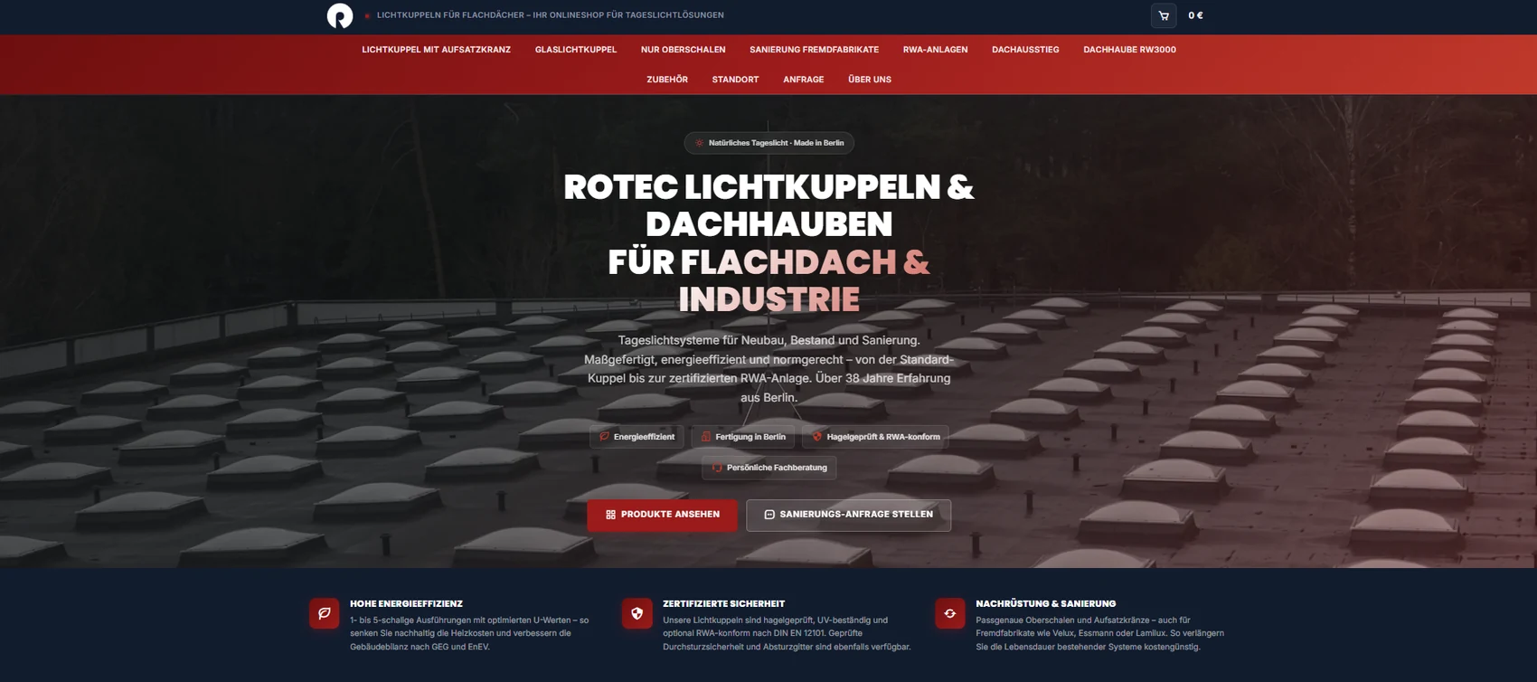 Desktop-Ansicht der Website rotec-lichtkuppeln.de