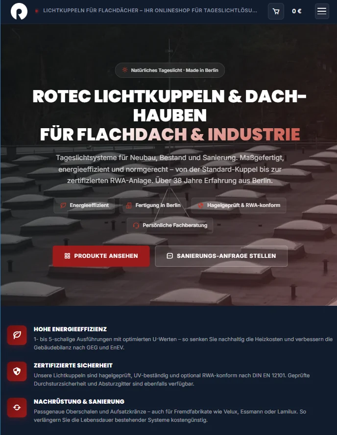 Mobile Ansicht der Website rotec-lichtkuppeln.de